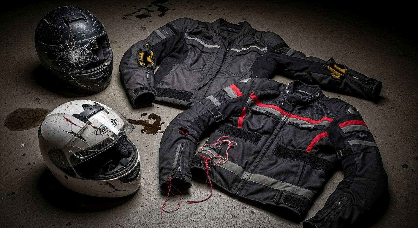 Damaged motorcycle safety gear after accident